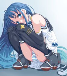  ass black_footwear black_gloves black_sailor_collar black_thighhighs blue_eyes blue_hair blush bobbles closed_mouth commentary_request dd_(ijigendd) elbow_gloves female gloves gradient_background head_tilt highres kantai_collection long_hair looking_at_viewer panties sailor_collar samidare_(kancolle) school_uniform serafuku shirt simple_background solo squatting striped_clothes striped_panties thighhighs thighs underwear very_long_hair white_panties white_shirt 