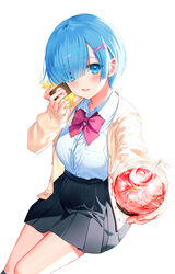  black_skirt blue_eyes blue_hair blush bow bowtie breasts brown_jacket collared_shirt commentary_request cowboy_shot cup disposable_cup dress_shirt drink drinking_straw eyes_visible_through_hair female fingernails hair_ornament hair_over_one_eye hands_up highres incoming_drink jacket kh_(kh_1128) long_sleeves looking_at_viewer medium_breasts open_mouth outstretched_arm re:zero_kara_hajimeru_isekai_seikatsu red_bow red_bowtie rem_(re:zero) shirt short_hair skirt smile solo white_background white_shirt x_hair_ornament 