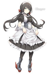  apron azur_lane black_dress black_hair black_legwear blue_eyes blush breasts character_name closed_mouth commentary_request dress female floating_hair frilled_apron frills full_body glasgow_(azur_lane) hair_between_eyes highres large_breasts long_hair looking_at_viewer maid maid_apron maid_headdress puffy_short_sleeves puffy_sleeves rudder_footwear short_sleeves skirt_hold solo standing twintails very_long_hair waist_apron white_apron whoosaku wrist_cuffs 