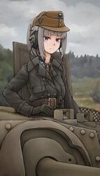  43m_zrinyi absurdres belt black_hair female gloves hat hatch headset high_ponytail highres hungary jacket leather leather_jacket long_hair military military_uniform military_vehicle motor_vehicle original ponytail purple_eyes serious sidelocks signature soldier solo tank uniform upper_body wavy_mouth world_war_ii zap-nik 