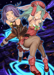  2girls animal_costume antlers armpits bare_shoulders bell boots brown_gloves christmas collar copyright_request elbow_gloves flying gloves green_eyes green_hair grin hat horns kichin_yarou legs long_hair multiple_girls neck_bell pantyhose purple_hair red_gloves reindeer_costume santa_costume smile 