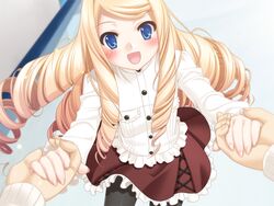  :d blonde_hair blue_eyes blush drill_hair female game_cg holding_hands kani_biimu konayuki_fururi long_hair midou_iori open_mouth out_of_frame pantyhose pov pov_hands smile solo_focus 