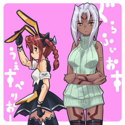  2girls animal_ears braid breasts busou_shinki dark-skinned_female dark_skin doll_joints graffias green_shirt grey_hair joints large_breasts multiple_girls pointy_ears rabbit_ears red_hair shirt sweater thighhighs turtleneck ugai_yuichi vespelio waitress 