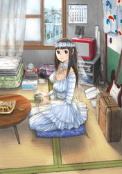  alarm_clock blue_eyes bridal_veil bride brown_hair calendar_(object) clock commentary_request corded_phone cup curtains cushion dress electric_guitar female food game_console gamecube guitar highres indoors instrument long_hair original phone photoshop_(medium) room seiza senbei sitting solo suitcase table tatami tea tissue_box veil wedding_dress window yasuda_akira yojouhan yunomi zabuton 