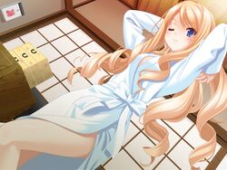  ;) arms_behind_head arms_up bathrobe blonde_hair blue_eyes bow breasts calendar_(object) ceiling chest_of_drawers curly_hair drill_hair dutch_angle feet_out_of_frame female from_below game_cg indoors kani_biimu konayuki_fururi long_hair long_sleeves looking_at_viewer midou_iori one_eye_closed sliding_doors smile solo standing swept_bangs very_long_hair 