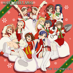  6+girls amami_haruka black_hair blonde_hair blue_hair blush boots brown_hair chihacula christmas crop_top futami_ami futami_mami glasses hagiwara_yukiho hoshii_miki idolmaster idolmaster_(classic) idolmaster_live_for_you! kikuchi_makoto kisaragi_chihaya midriff miki_kuri minase_iori mittens miura_azusa multiple_girls nonowa open_mouth orange_hair santa_costume shovel smile takatsuki_yayoi thighhighs tokita_arumi twintails yayoi_creature 