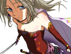  blonde_hair blue_eyes breasts cape cleavage commentary_request detached_sleeves female final_fantasy final_fantasy_vi long_hair small_breasts solo sword terra_branford weapon yuuki_(yuuki333) 