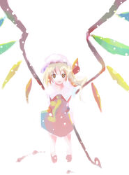  ascot blush crystal demon_wings dress female flandre_scarlet full_body hat looking_at_viewer mob_cap puffy_short_sleeves puffy_sleeves red_dress short_sleeves simple_background solo takanashi_akihito touhou white_background wings 