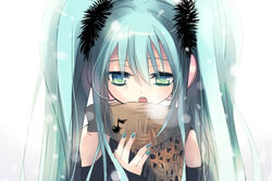  aqua_hair bad_id bad_pixiv_id eighth_note female green_eyes hanepochi hatsune_miku long_hair looking_down musical_note scarf snowing solo twintails vocaloid white_background 