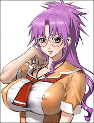  blush breasts female glasses huge_breasts impossible_clothes impossible_shirt inkey long_hair lowres macross macross_frontier matsuura_nanase photoshop_(medium) purple_eyes purple_hair school_uniform shirt solo 