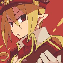  blonde_hair breasts cleavage demon_girl disgaea female gloves hat long_hair looking_at_viewer lowres makai_senki_disgaea_3 oekaki parted_lips pointy_ears red_eyes salvatore_(disgaea) short_hair solo tsuyuka_(sunny_spot) 