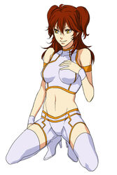  bad_id bad_pixiv_id boots crop_top female freckles gundam gundam_00 midriff navel nena_trinity red_hair sakatsuki shorts simple_background solo thigh_boots thighhighs white_background white_shorts wristband yellow_eyes 