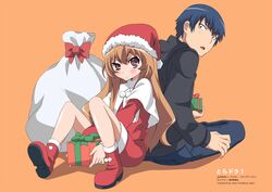  1boy aisaka_taiga back-to-back bad_id bad_pixiv_id blue_hair boots brown_eyes brown_hair christmas female gift hat long_hair rutarou sack santa_costume santa_hat takasu_ryuuji toradora! 