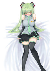  bad_id bad_pixiv_id between_breasts blush breasts detached_sleeves female green_eyes green_hair hatsune_miku large_breasts long_hair necktie photoshop_(medium) prinz_luzifer skirt solo thighhighs twintails vocaloid zettai_ryouiki 