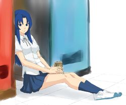  blue_hair commentary_request female hachimitsuboi kawashima_ami legs long_hair sitting solo toradora! 