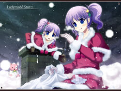  2girls blue_eyes christmas commentary_request djmax djmax_portable highres kazumasa ladymade_star multiple_girls nina_klatt pantyhose photoshop_(medium) ponytail purple_hair santa_costume sehra_klatt siblings side_ponytail sisters snow twins 