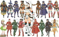  6+girls armband armor armored_dress artist_request baggy_pants bandeau belt black_armor black_hair blonde_hair blue_armor book boots breasts brown_hair chameleos_(armor) cleavage cleavage_cutout closed_mouth clothing_cutout conga_(armor) couter crest crop_top crossed_legs crown cuirass cuisses dark-skinned_female dark_skin dress elbow_gloves everyone family_crest faulds flat_chest forehead_protector full_armor fur_trim gauntlets gloves gorget greaves green_armor gypceros_(armor) hand_on_own_hip hands_on_own_hips hat helmet helper_(armor) hermitaur_(armor) holding horns kirin_(armor) knee_boots kuroobi_(armor) leg_warmers lineup loafers loincloth long_sleeves looking_at_viewer lunastra_(armor) midriff monster_hunter_(character) monster_hunter_(series) multiple_girls navel official_art orange_armor pants pauldrons plate_armor pleated_skirt poleyn ponytail rajang_(armor) red_armor rerebrace ribbon sabaton shen_gaoren_(armor) shoes short_hair short_twintails shoulder_armor simple_background single_horn single_pauldron sitting skirt small_breasts spiked_hair standing teostra_(armor) thigh_boots thigh_strap thighhighs torn_clothes turtleneck twintails vambraces watson_cross white_hair wide_sleeves witch_hat wrist_cuffs yama_tsukami_(armor) yotsuwari-bishi zettai_ryouiki 