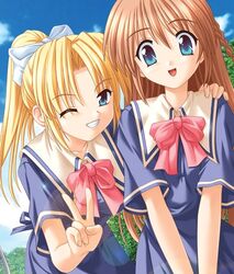  2girls alma_~zutto_soba_ni...~ artist_request asamiya_kyou blonde_hair blue_eyes brown_hair grin imageboard_desourced long_hair mitsuki_kanae multiple_girls non-web_source ponytail school_uniform smile v 