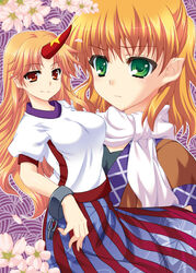  2girls blonde_hair chains cherry_blossoms commentary_request flower green_eyes horns hoshiguma_yuugi katagiri_chisato long_hair mizuhashi_parsee multiple_girls red_eyes scarf short_hair single_horn smile touhou worried 