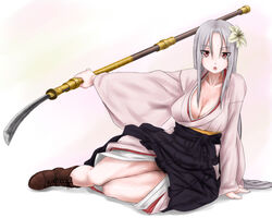  bad_id bad_pixiv_id boots breasts cleavage commentary_request female ga-rei ga-rei_zero grey_hair isayama_mei japanese_clothes kimono large_breasts long_hair naginata polearm scharfschutze sitting solo weapon white_kimono 