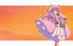  book bow commentary_request dress female hair_ribbon hairbow hat long_hair one_eye_closed patchouli_knowledge purple_eyes purple_hair ribbon solo standing tdk touhou 