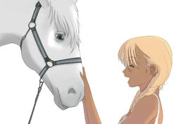  animal bare_arms blonde_hair braid camisole closed_eyes copyright_request dark-skinned_female dark_skin facing_another female from_side happy horse kiriman_(souldeep) long_hair open_mouth simple_background solo twin_braids upper_body white_background 