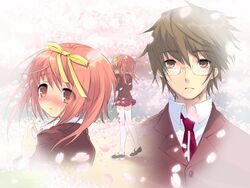  1boy akihime_sumomo artist_request blush brown_eyes brown_hair female glasses hair_ribbon nanatsuiro_drops petals pink_hair red_eyes red_hair ribbon sad short_hair tears tsuwabuki_masaharu 