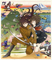  2girls boots bug butterfly cherry_blossoms copyright_request fine_art_parody katana long_hair military military_uniform mount_fuji mountain multiple_girls nadeshiko_rin nature nihonga parody photoshop_(medium) scenery school_uniform serafuku sword ukiyo-e uniform weapon 