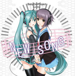  2girls aqua_eyes aqua_hair aqua_nails bad_id bad_pixiv_id blue_sailor_collar blue_skirt brown_eyes cardigan cosplay crossover detached_sleeves fingernails hatsune_miku headphones hexagon holding_hands interlocked_fingers kita_high_school_uniform light_purple_hair long_fingernails long_hair multiple_girls nagato_yuki nail_polish sailor_collar sano_toshihide school_uniform short_hair skirt suzumiya_haruhi_no_yuuutsu thighhighs tissue_princess twintails vocaloid winter_uniform zettai_ryouiki 