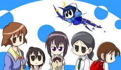  6+girls :&lt; backpack bag bamboo_blade black_eyes black_hair blue_hair bow brown_eyes brown_hair chibi commentary_request crescent crossover empty_eyes flying hair_bun hanamaru_youchien haruna_raika hiiragi_(hanamaru_youchien) ichijou_(pani_poni) japanese_clothes jitome kawazoe_tamaki kimono kuga_kokage marui_hitoha mirakichi mitsudomoe_(manga) multiple_girls necktie pani_poni_dash! ponytail purple_eyes raika_days randoseru ribbon school_uniform serafuku short_hair single_hair_bun sketchbook_full_colors star_(symbol) sweater_vest 