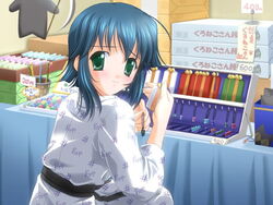  blue_hair da_capo da_capo_i da_capo_onsen-hen female festival game_cg green_eyes imageboard_desourced japanese_clothes kimono looking_back mizukoshi_mako nanao_naru non-web_source short_hair solo trinkets white_kimono yukata 