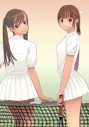  2girls brown_eyes brown_hair copyright_request kiriman_(souldeep) long_hair multiple_girls racket skirt tennis tennis_dress tennis_net tennis_racket 