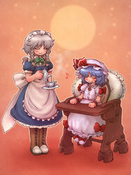  2girls bat_wings blue_hair blush boots bow braid closed_eyes commentary_request frilled_pillow frills grey_hair hairband hat high_chair izayoi_sakuya large_bow maid maid_headdress moon multiple_girls musical_note pillow pouring remilia_scarlet ribbon sankuma short_hair sitting tea touhou twin_braids wings wrist_cuffs 