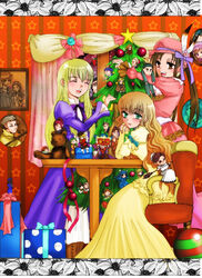  1boy 3girls angelica_derleth bad_id bad_pixiv_id character_doll character_request charlotte_bronte christmas christmas_tree gift highres mary_clarissa_christie multiple_girls ruru_(pixiv179244) shikkoku_no_sharnoth steampunk_(liarsoft) 