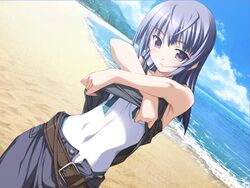  ashita_no_kimi_to_au_tame_ni beach blue_hair denim dutch_angle female game_cg imageboard_desourced izumi_saya jeans kurashima_tomoyasu long_hair non-web_source one-piece_swimsuit outdoors pants purple_eyes solo swimsuit swimsuit_under_clothes undressing 