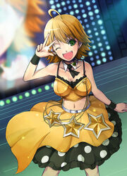  ;d awakened_miki blonde_hair female hoshii_miki idolmaster idolmaster_(classic) idolmaster_live_for_you! live_for_venus_(idolmaster) one_eye_closed pos_(shiratama-ya) short_hair smile solo v w 