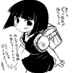  backpack bag chibi_maruko-chan commentary_request female greyscale monochrome randoseru sakura_momoko solo yuumin 