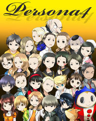  6+boys 6+girls absolutely_everyone adachi_tooru amagi_yukiko bad_id bad_pixiv_id bald black_hair blonde_hair blue_eyes blunt_bangs blush brown_eyes brown_hair buttons contemporary costume curly_hair doujima_nanako doujima_ryoutarou ebihara_ai everyone fox grey_eyes grey_hair hanamura_yousuke head_tilt ichijou_kou igor_(persona) juufuu&amp;hiori kitsune_(persona_4) konishi_naoki konishi_saki kubo_mitsuo kujikawa_rise kuma_(persona_4) kuroda_hisano long_nose looking_at_viewer margaret_(persona) matsunaga_ayane minami_eri multiple_boys multiple_girls nagase_daisuke nakajima_shu namatame_tarou narukami_yuu old old_woman ozawa_yumi persona persona_4 sailor_collar satonaka_chie school_uniform serafuku shirogane_naoto standing tatsumi_kanji twintails uehara_sayoko veil white_hair yasogami_school_uniform 