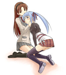  2girls amatsuka_hikaru amatsuka_tsurara ass baby_princess blue_hair brown_eyes brown_hair marumi multiple_girls photoshop_(medium) school_uniform simple_background skirt thighhighs 