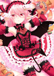  bat_wings cross cross_earrings demon_girl demon_tail detached_sleeves earrings female gothic_lolita jewelry lolita_fashion long_hair lying original photoshop_(medium) pink_hair pointy_ears red_eyes solo staring stuffed_animal stuffed_reindeer stuffed_toy tail thighhighs wings yamabuki_zarame zettai_ryouiki 