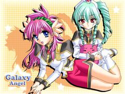  2girls blue_eyes copyright_name drill_hair galaxy_angel green_hair imageboard_desourced long_hair m-rs milfeulle_sakuraba military military_uniform multiple_girls non-web_source normad pencil_skirt pink_hair ponytail skirt uniform vanilla_h 