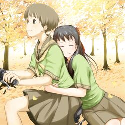  2girls bad_id bad_pixiv_id bicycle black_hair blush brown_hair character_request closed_eyes commentary_request hug leaf long_hair multiple_girls multiple_riders nanahime original pillion school_uniform short_hair sidesaddle skirt smile tree yuri 