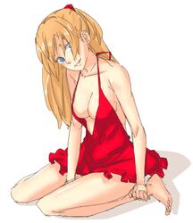  barefoot blue_eyes breasts cleavage commentary_request dress feet female full_body grin hachimitsuboi long_hair medium_breasts neon_genesis_evangelion no_bra red_dress shadow short_dress sitting sketch smile solo souryuu_asuka_langley sundress wariza 