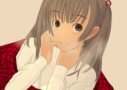  black_eyes brown_hair copyright_request female kiriman_(souldeep) long_hair plaid smile solo 