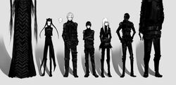  2girls 5boys alternate_height bad_id bad_pixiv_id blame! blon cibo cyberpunk davine_lu_linvega dhomochevsky everyone ghost ghost_in_the_shell ghost_in_the_shell_lineup ghost_in_the_shell_stand_alone_complex greyscale height_difference highres iko killy lineup long_hair missing_eye monochrome multiple_boys multiple_girls parody pcell safeguard_(blame!) saitou_yuu schiff_(blame!) silicon_creature_(blame!) twintails 