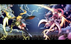  2girls bardiche_(haken_form)_(nanoha) bardiche_(nanoha) battle blonde_hair energy_blade fate_testarossa fate_testarossa_(lightning_form) laevatein_(nanoha) letterboxed lyrical_nanoha mahou_shoujo_lyrical_nanoha mahou_shoujo_lyrical_nanoha_a&#039;s multiple_girls pink_hair ponytail scythe sentaro signum sword weapon whip whip_sword 