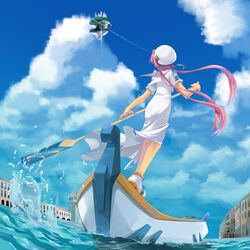  aria_(manga) aria_company_uniform blouse boat cloud commentary_request day dress female from_behind hat kazuki_sanbi long_dress long_hair mizunashi_akari pink_hair sailor_collar shirt short_hair_with_long_locks short_sleeves sidelocks sky solo uniform water watercraft white_dress white_shirt wind 