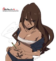  bandeau bare_shoulders black_shorts breasts brown_eyes brown_hair cigar cleavage curvy dark-skinned_female dark_skin female jaggy_lines large_breasts lipstick long_hair makeup mature_female michiko_malandro michiko_to_hacchin oekaki onija_tarou short_shorts shorts smoking solo strapless tattoo tube_top watermark web_address wide_hips 