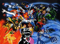  5boys argo_gulskii artist_request ball_and_chain_(weapon) blue_eyes bodysuit bolt_gundam brown_hair chibodee_crocket domon_kasshu dragon_gundam female fire g_gundam george_de_sand god_gundam gundam gundam_maxter gundam_rose highres holding_hands mecha mobile_trace_suit multiple_boys punching rain_mikamura robot sai_saici short_hair tango 