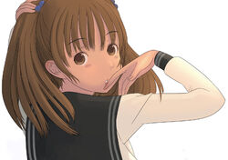  brown_eyes brown_hair copyright_request female kiriman_(souldeep) school_uniform solo twintails white_background 